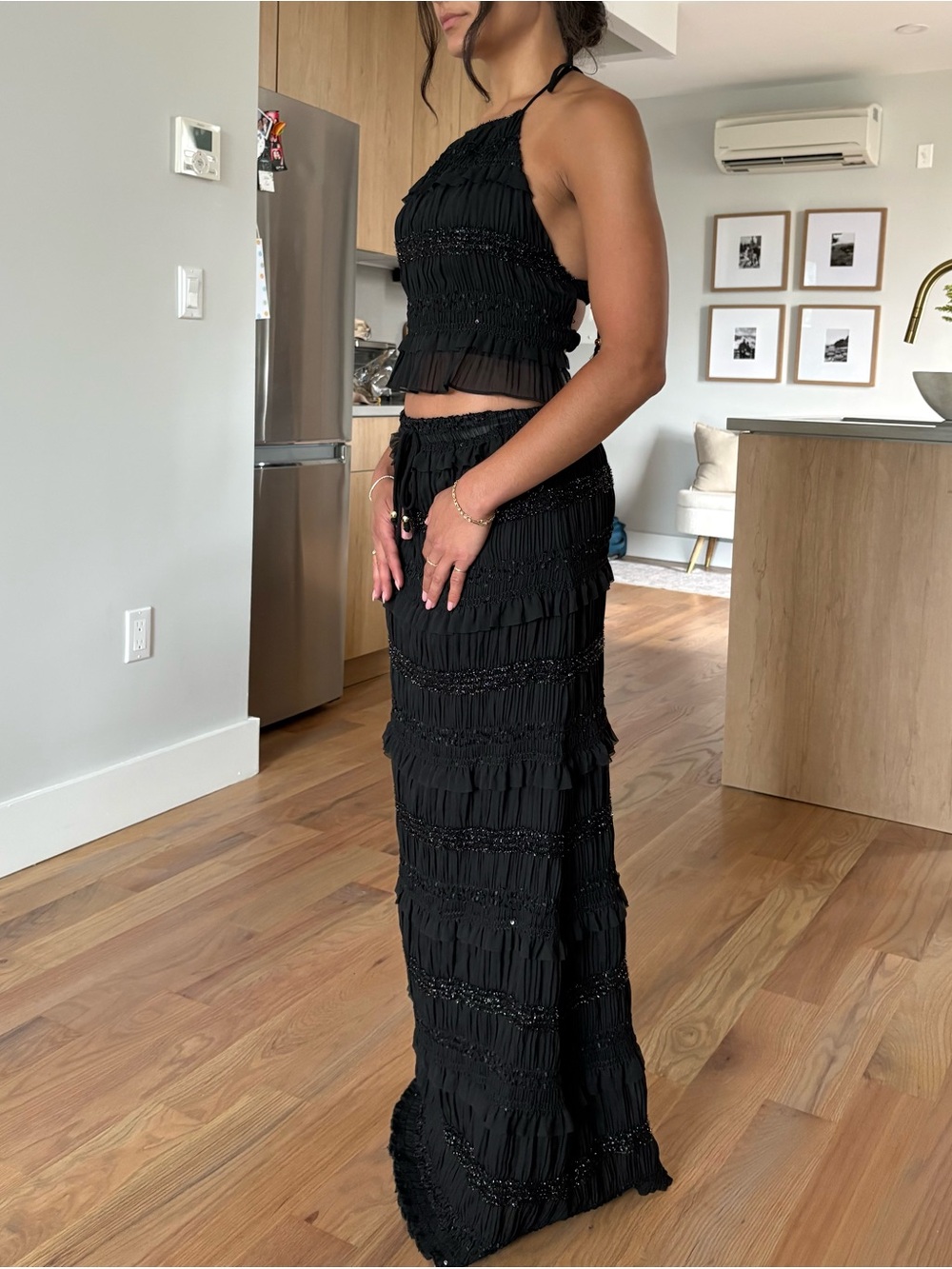 2 Pcs Set - Black, Halter Neck, Open Back, Drawstring Long Skirt